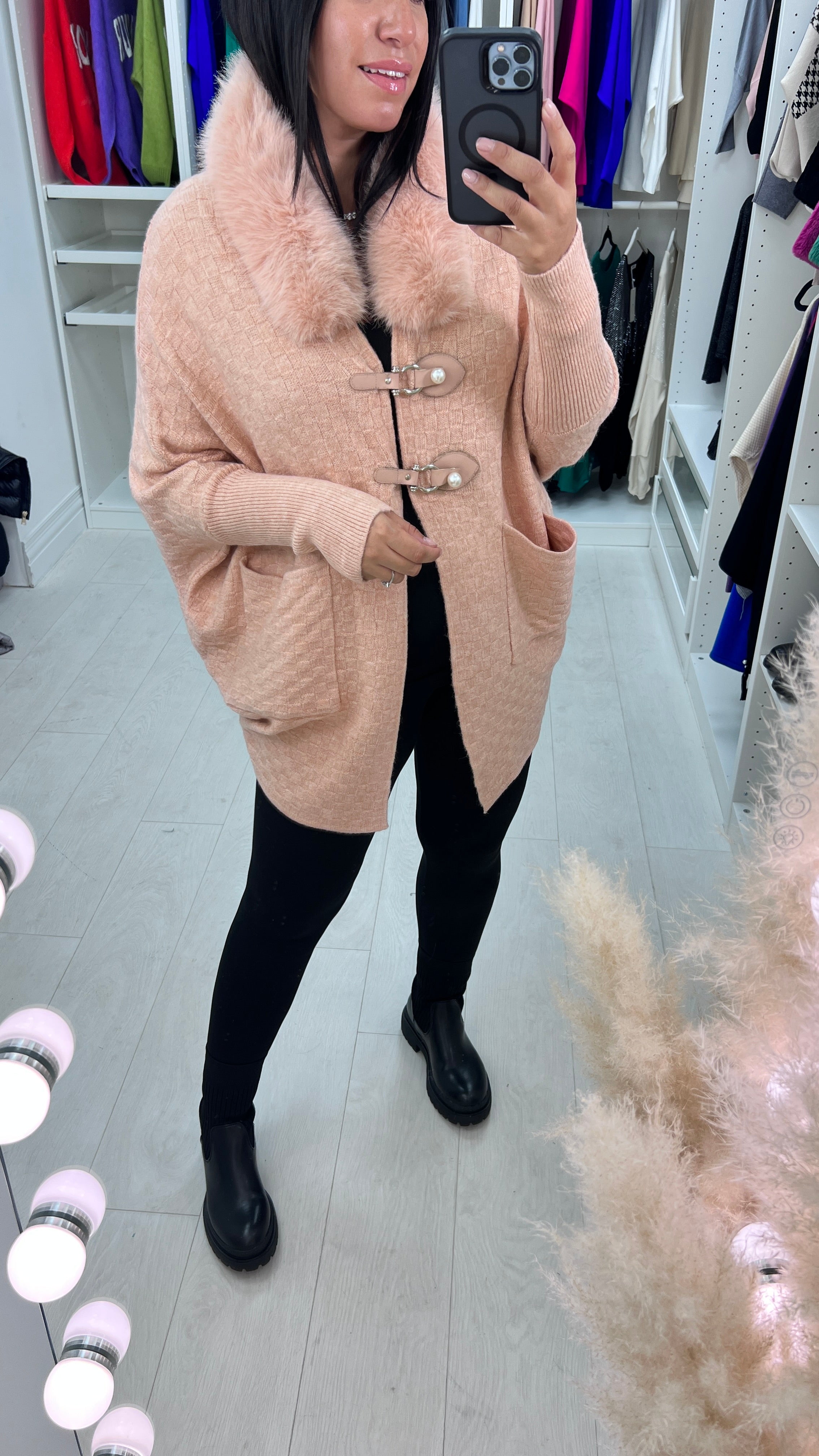 Samson Faux Fur Neck Crosshatch Detail Cardigan