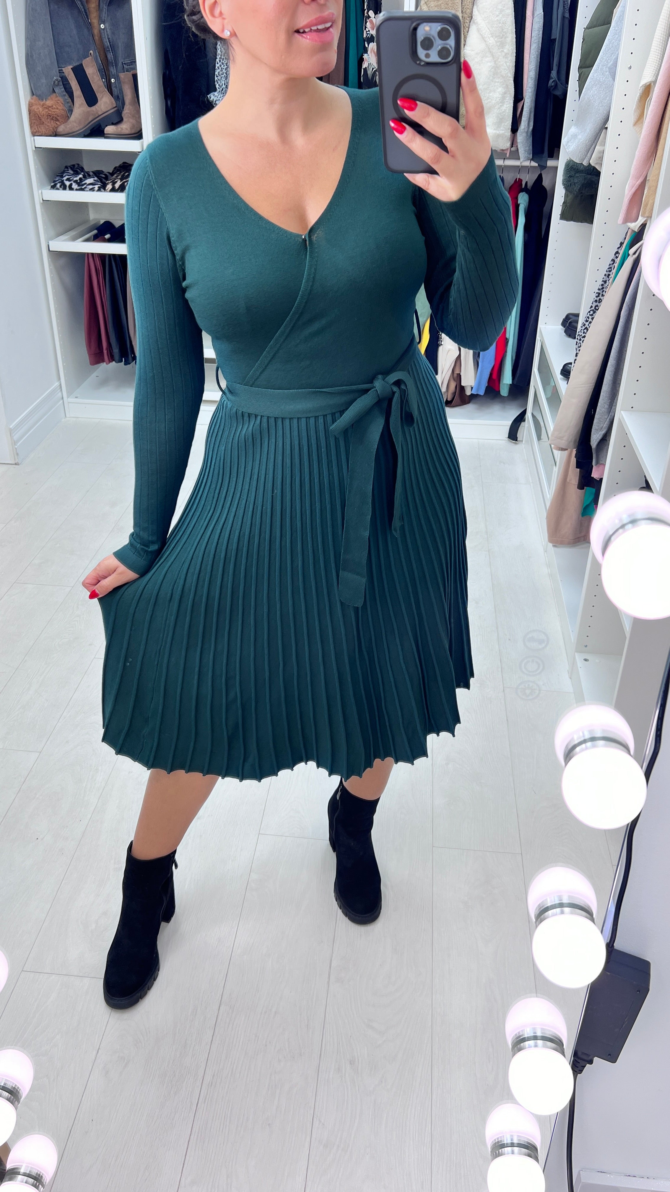 Scarlie Knitted Plain Pleat Swing Wrap Dress