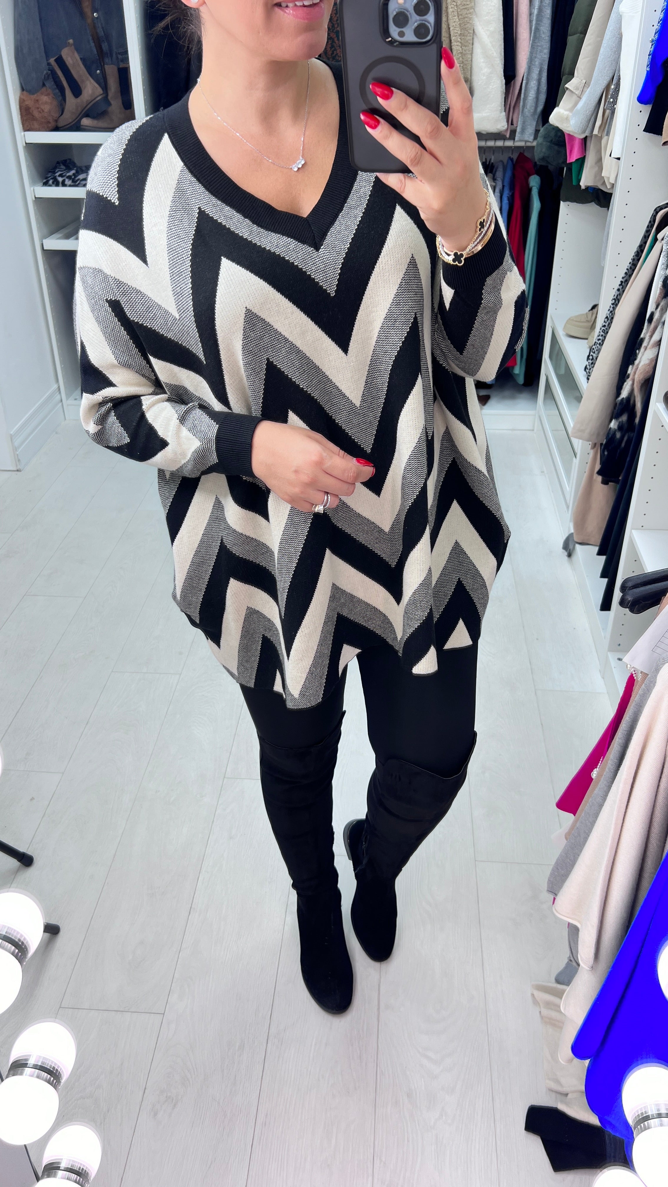 Zaida Zig Zag V Neck Knit Jumper