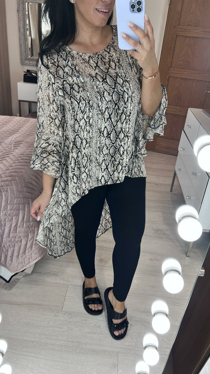 Zanzi Snake Print Lurex Dip Hem Top