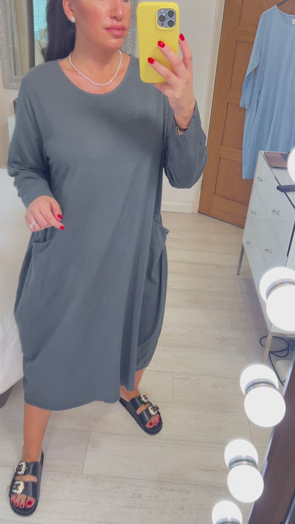 Sabine Plain Pocket Sweatshirt Style Midi Dress