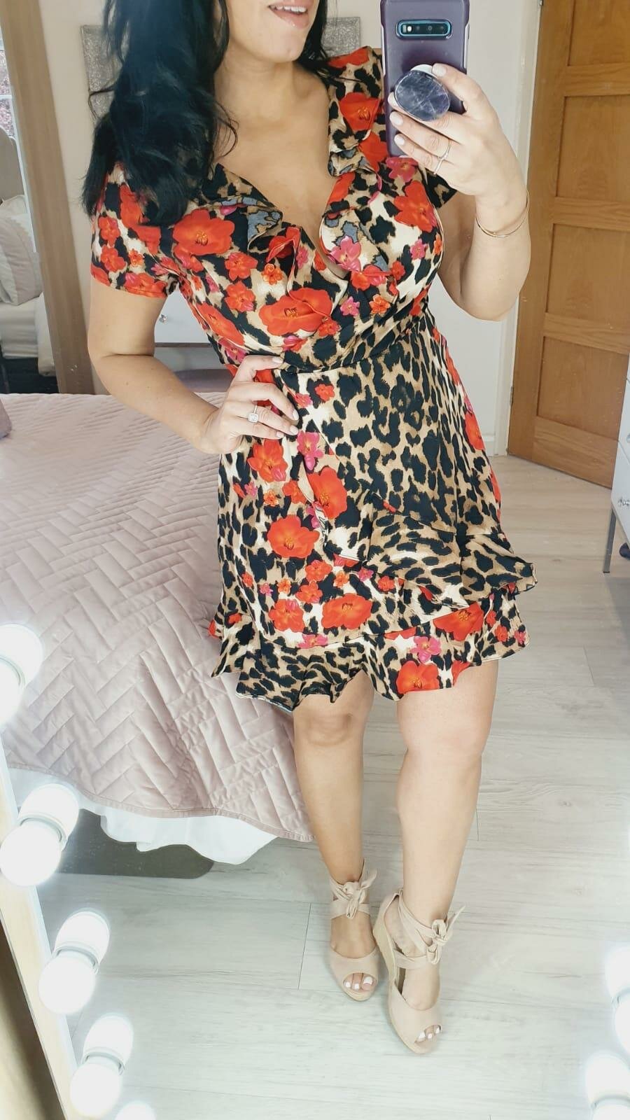 Williamson Red Flower Print Leopard Ruffle Wrap Dress