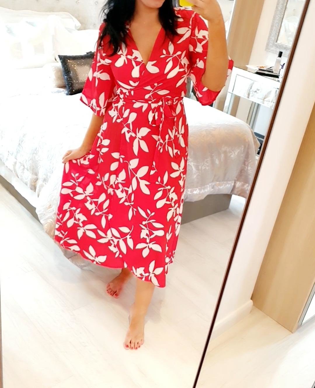 Brynley Red Leaf Printed Wrap Dress