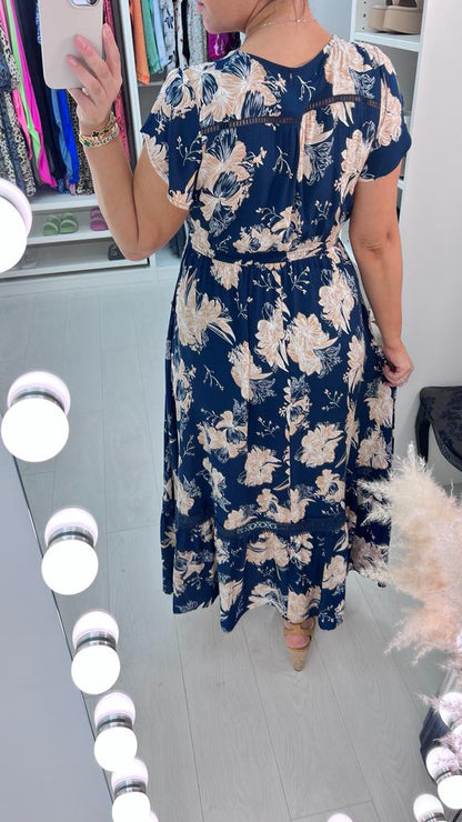 Lois Navy Floral Print Frill Hem Maxi Dress