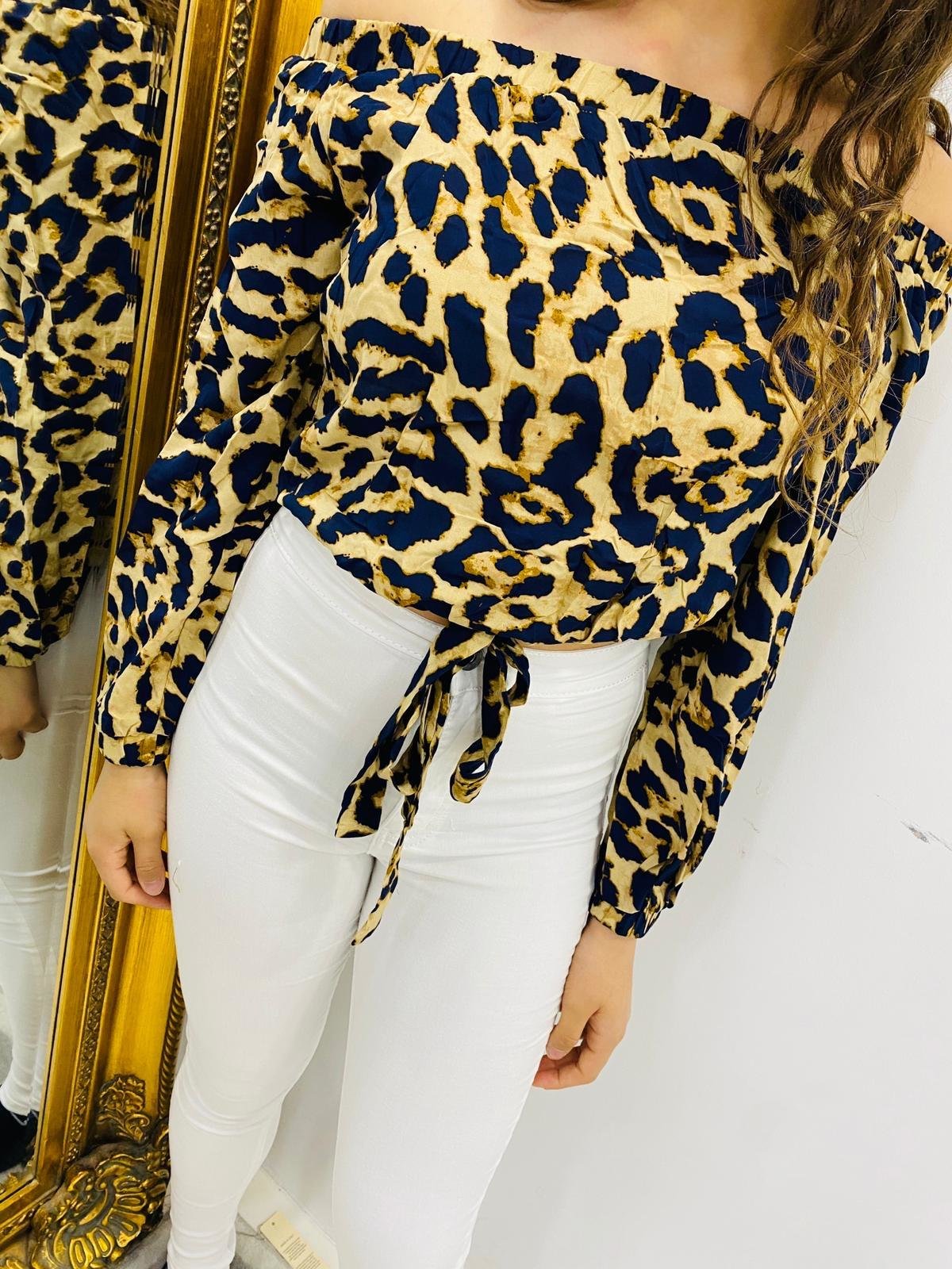 Clarabella Leopard Print Tie Bardot Crop Top