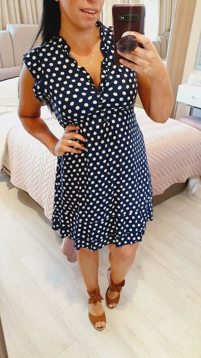 Ascot Navy Polka Dot Frill Sleeve Tie Waist Dress