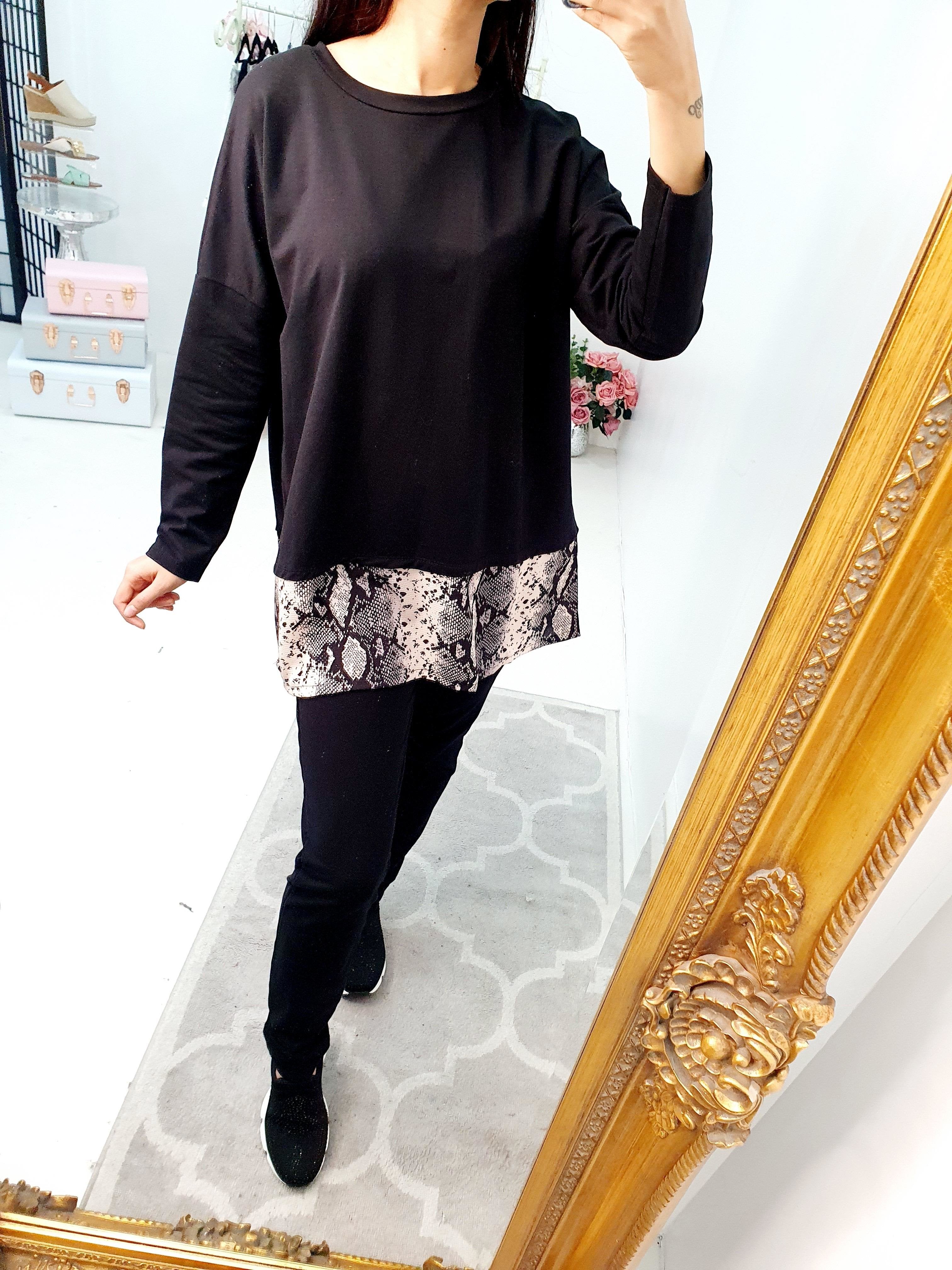 Pollie Black Oversized Snake Chiffon Hem Loungewear Set