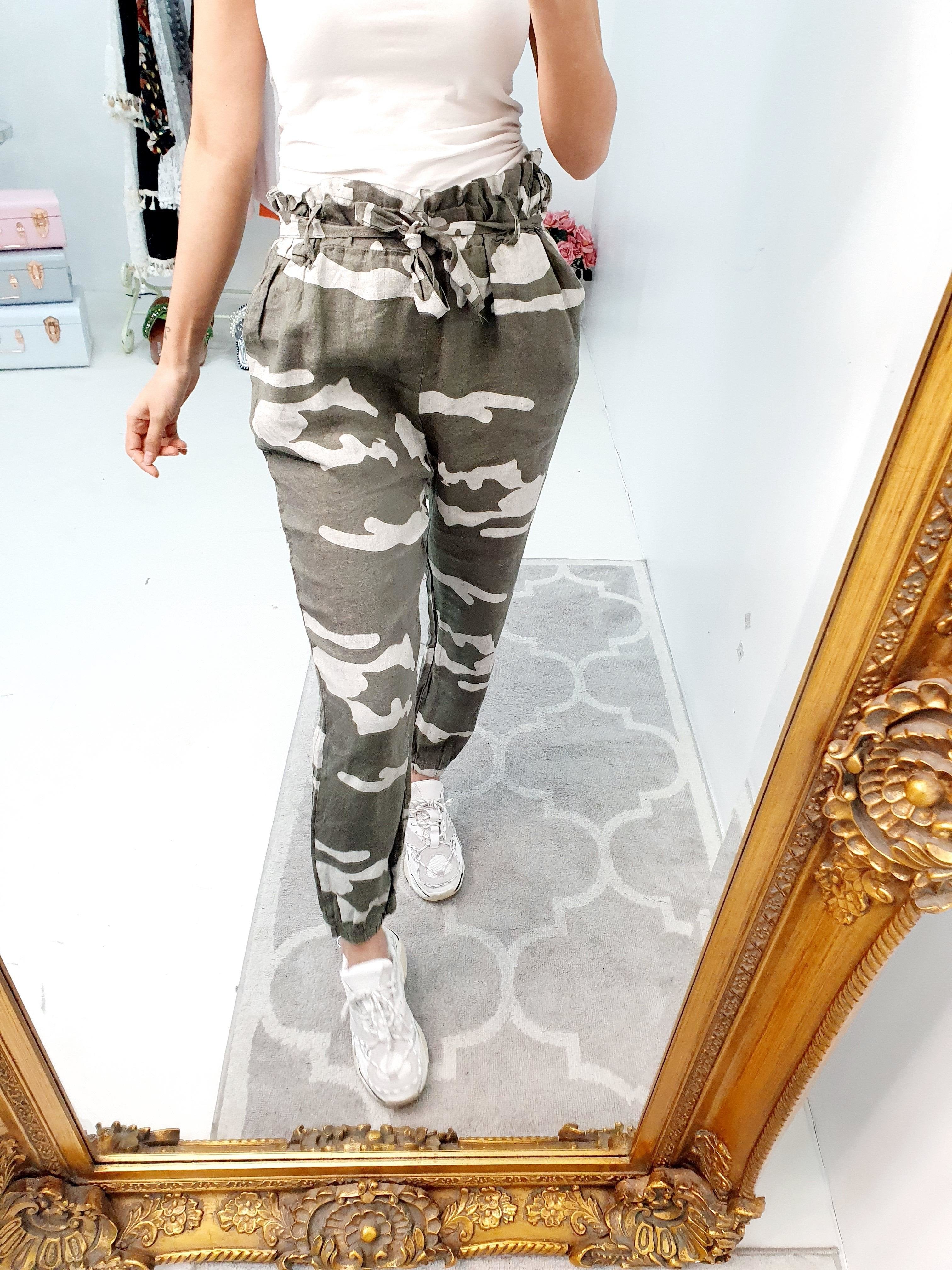 Paigey Camo Linen Paperbag Tie Waist Trousers