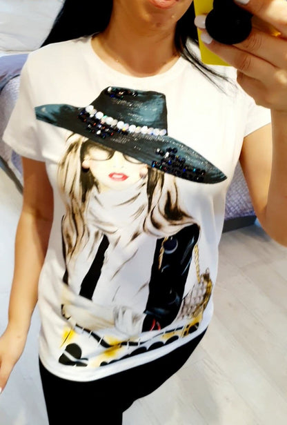 Tricia Lady Slogan 3D Beaded Detail T-shirt