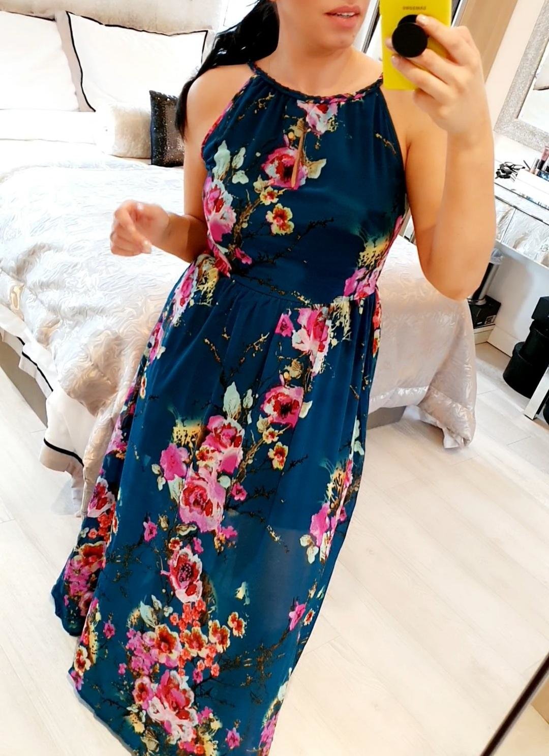Felicity Emerald Pleated Floral Maxi Floaty Dress