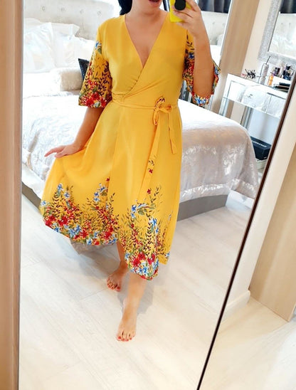Nyomi Mustard Wrap Floral Print Dress