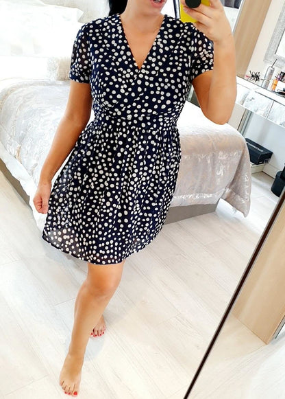 Orlene Navy Polka Dot Puff Sleeve Mini Dress