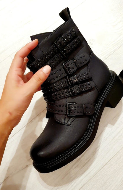Logan Black Studded Strappy Chunky Biker Boots