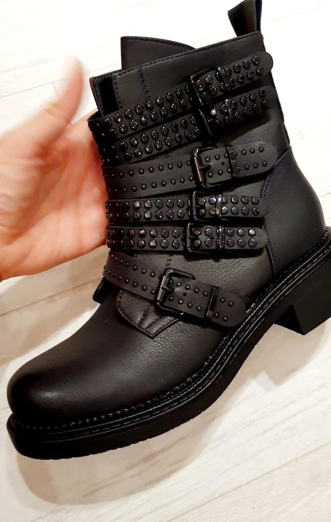 Logan Black Studded Strappy Chunky Biker Boots