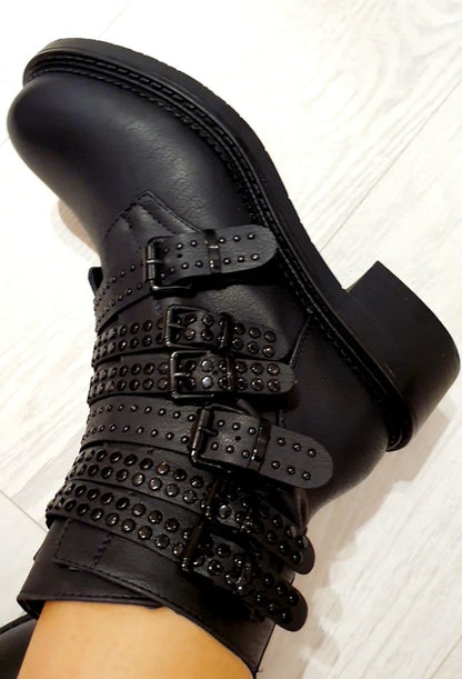 Logan Black Studded Strappy Chunky Biker Boots