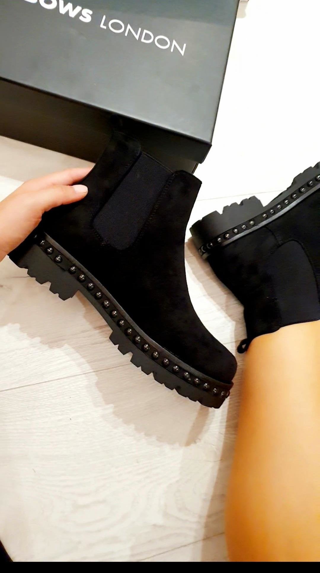 Marshal Black Faux Suede Studded Chunky Ankle Boots
