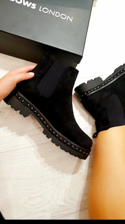 Marshal Black Faux Suede Studded Chunky Ankle Boots