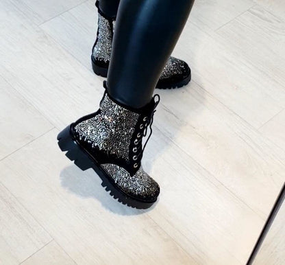 Lizzy Diamante Lace Up Chunky Biker Boots
