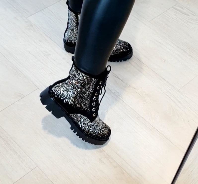 Lizzy Diamante Lace Up Chunky Biker Boots