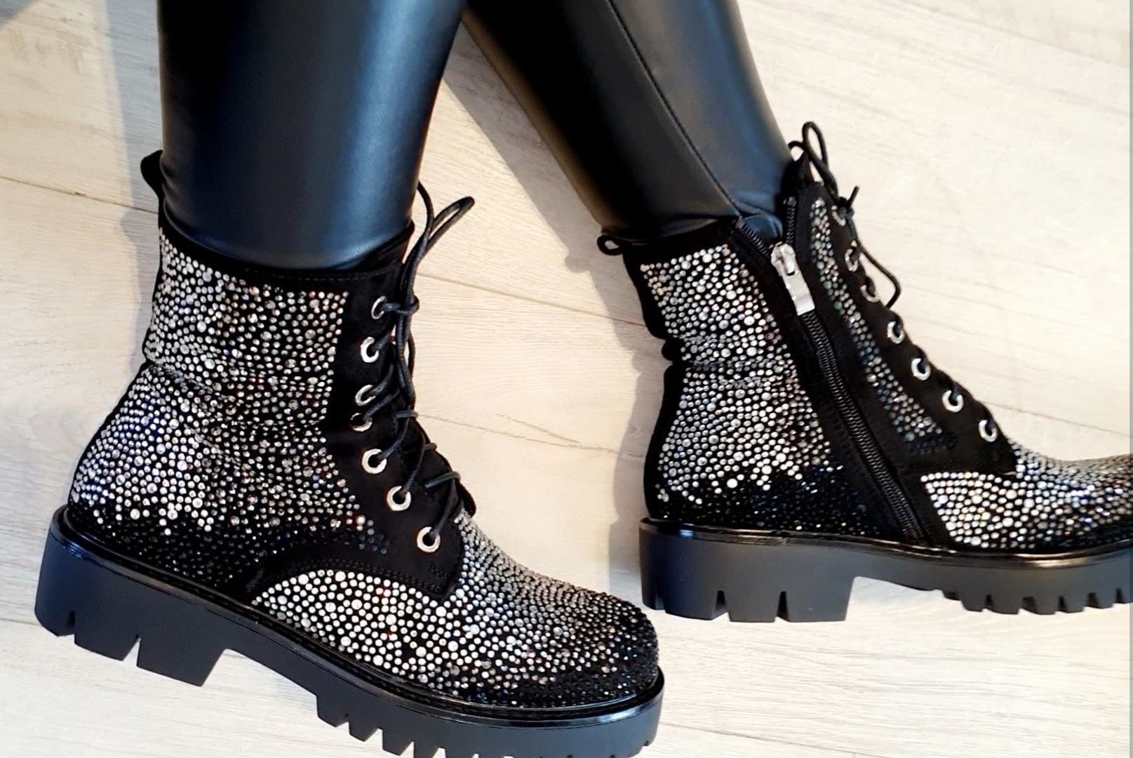 Lizzy Diamante Lace Up Chunky Biker Boots