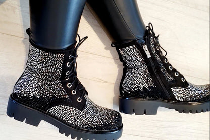 Lizzy Diamante Lace Up Chunky Biker Boots
