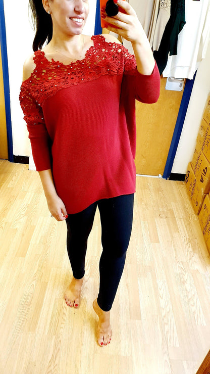 Maxinie Crochet Studded Cold Shoulder Ribbed Knit Jumper