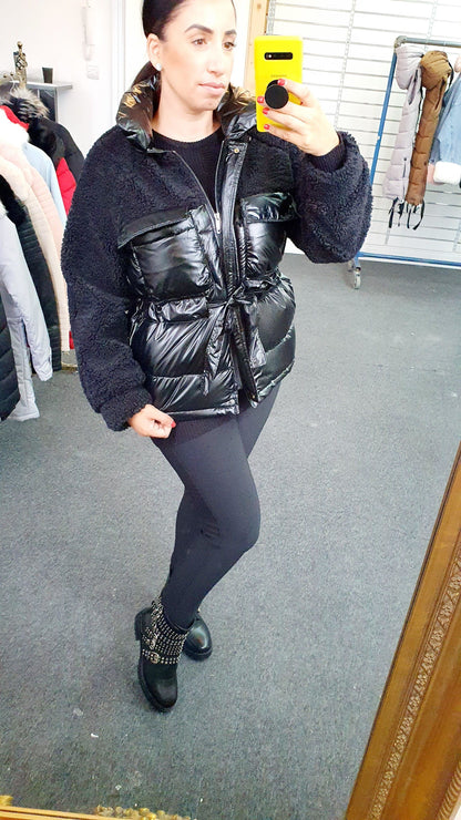 Mitzy Oversized Faux Leather Teddy Tie Waist Puffer Jacket