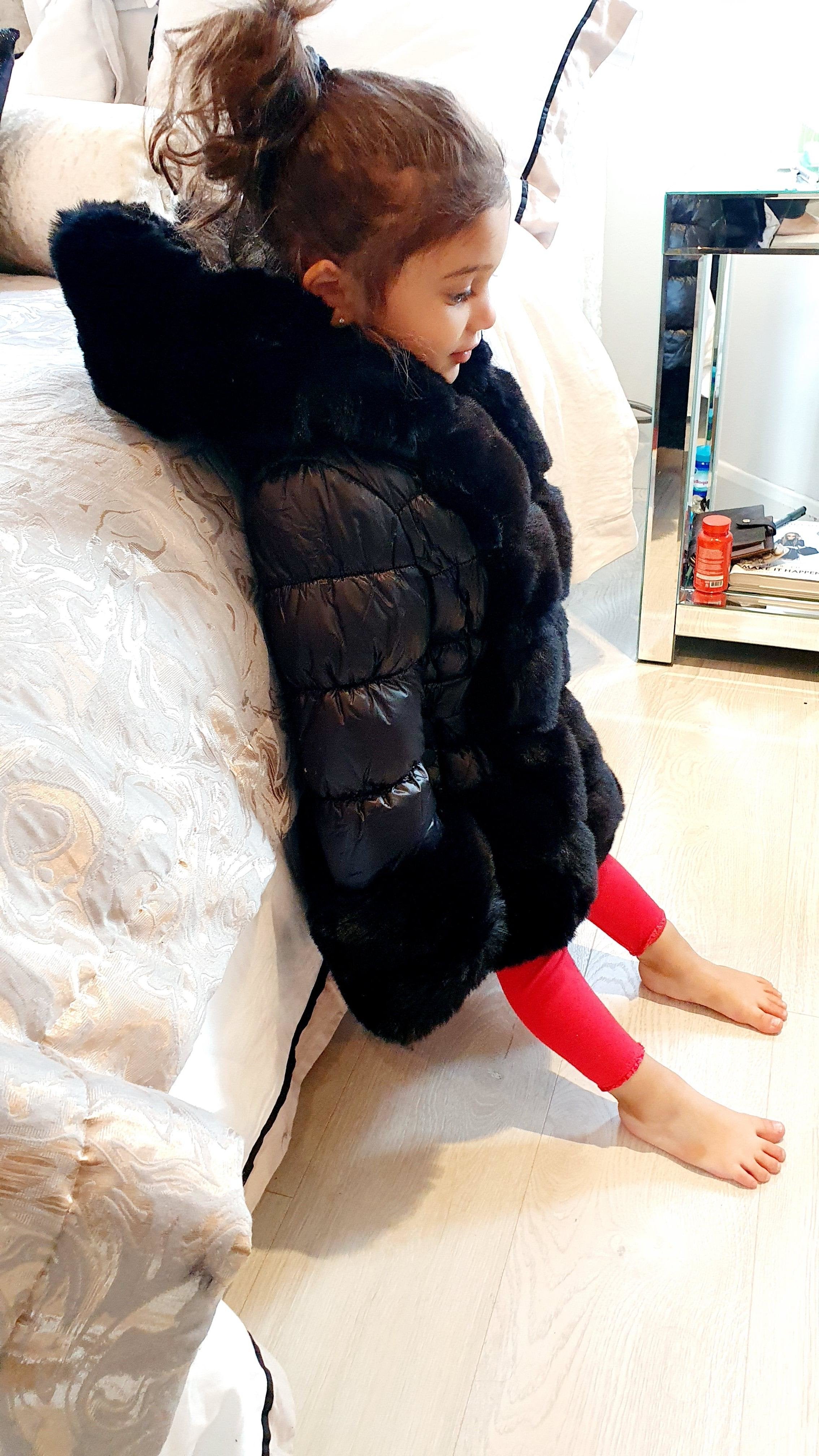 Tilly Kids Black Faux Fur Padded Puffer Belt Detail Hooded Coat