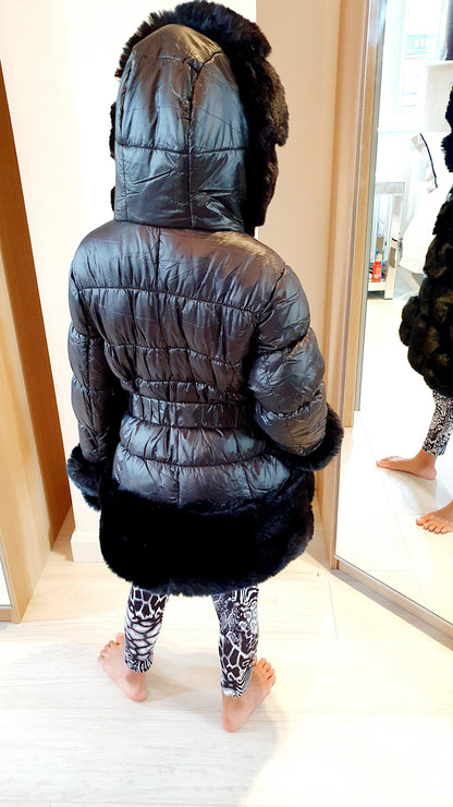 Tilly Kids Black Faux Fur Padded Puffer Belt Detail Hooded Coat