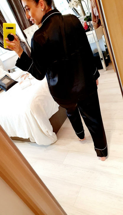 Rhianna Satin Long Sleeve Piped Trim Pyjama Set