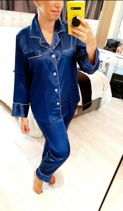 Rhianna Satin Long Sleeve Piped Trim Pyjama Set