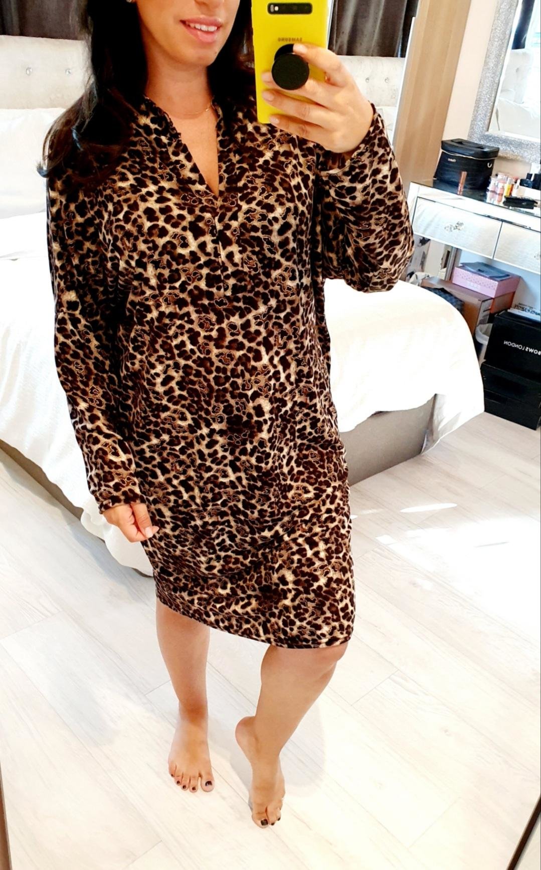 Inaya Oversized Leopard Gold Detailed Floaty Smock Dress