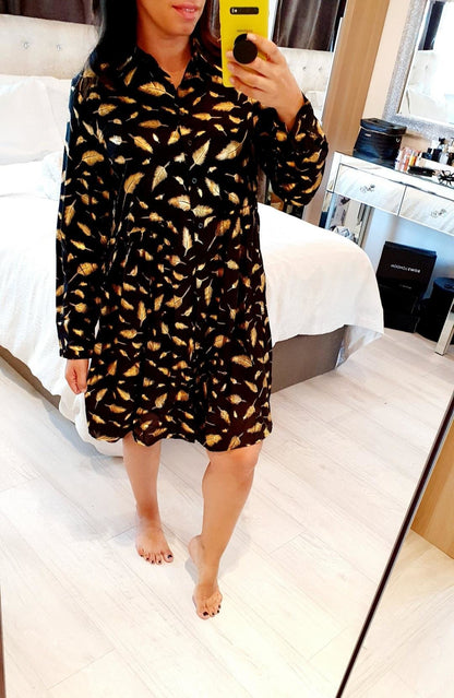 Simmie Gold Feather Print Black Shirt Dress