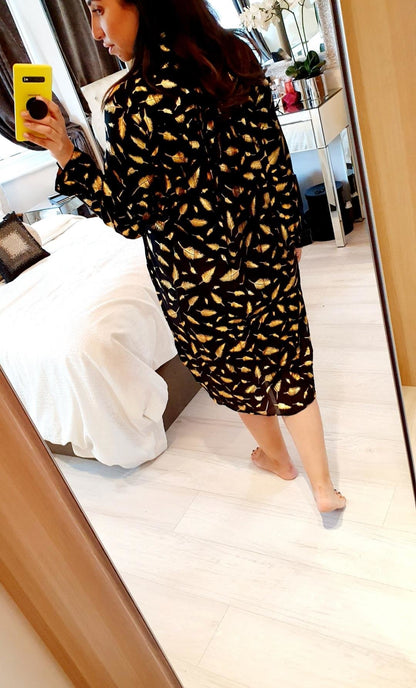 Simmie Gold Feather Print Black Shirt Dress