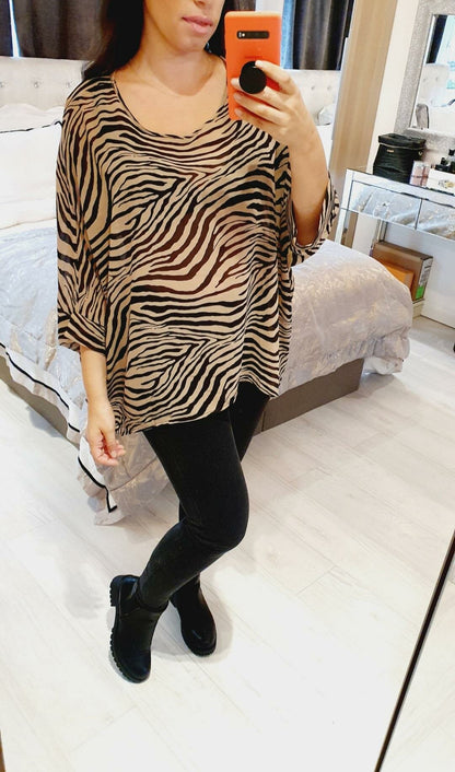 Ayda Zebra Print Sheer Dipped Hem Oversized Top