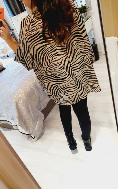 Ayda Zebra Print Sheer Dipped Hem Oversized Top