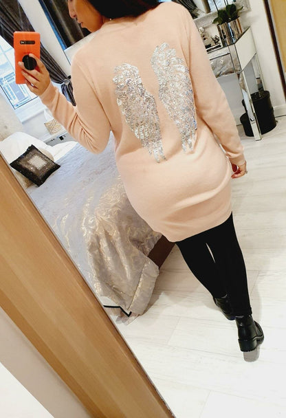 Sylvie Sequin Angel Wing Back Detail Fitted Knit Jumper Dress