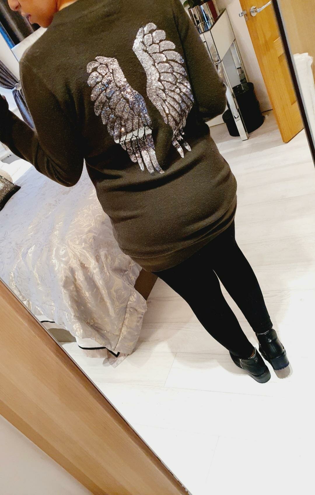 Sylvie Sequin Angel Wing Back Detail Fitted Knit Jumper Dress