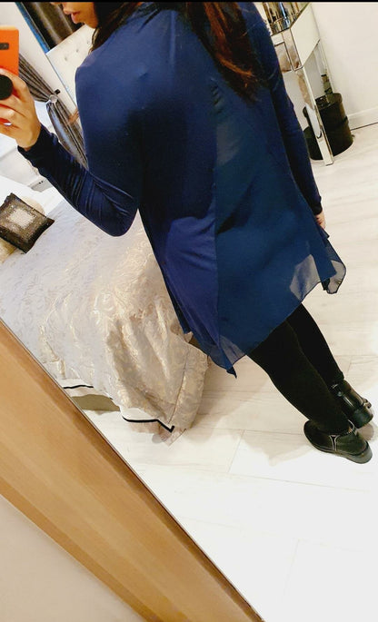 Audrina Navy Chiffon Back Detail Thin Dipped Side Hem Top