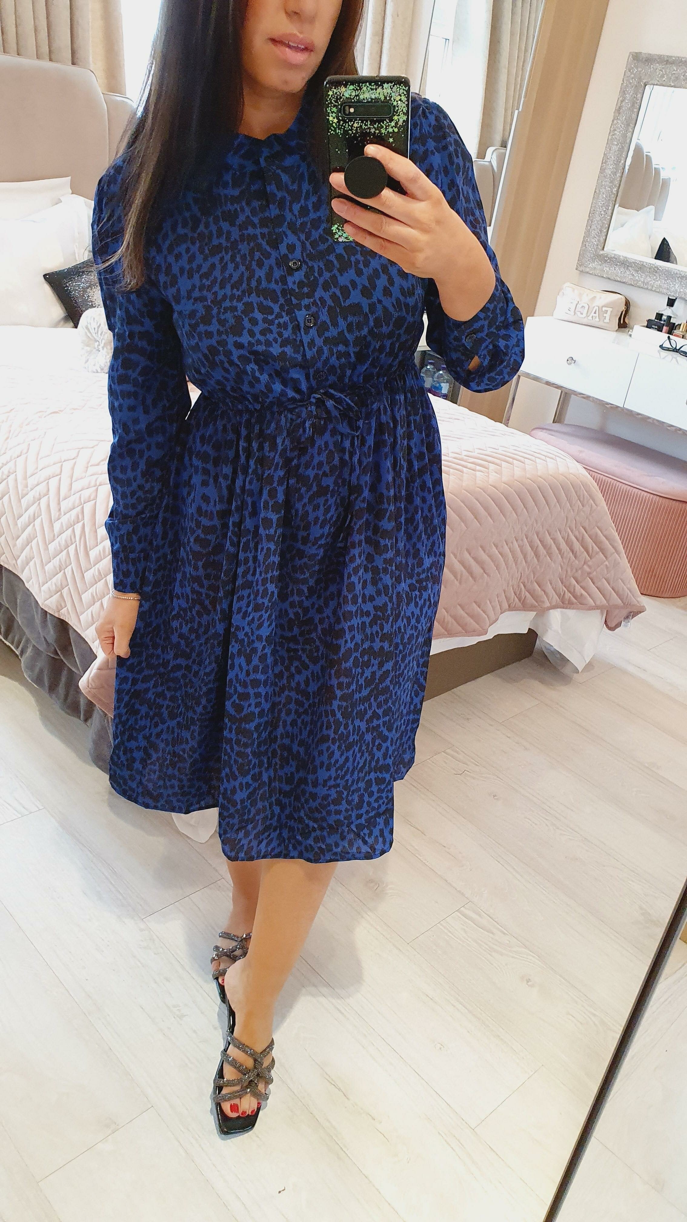 Louanna Royal Blue Leopard Tie Waist Midi Dress