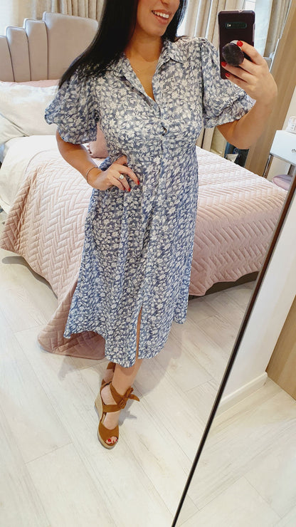 Tabia Baby Blue Floral Print Shirt Swing Dress
