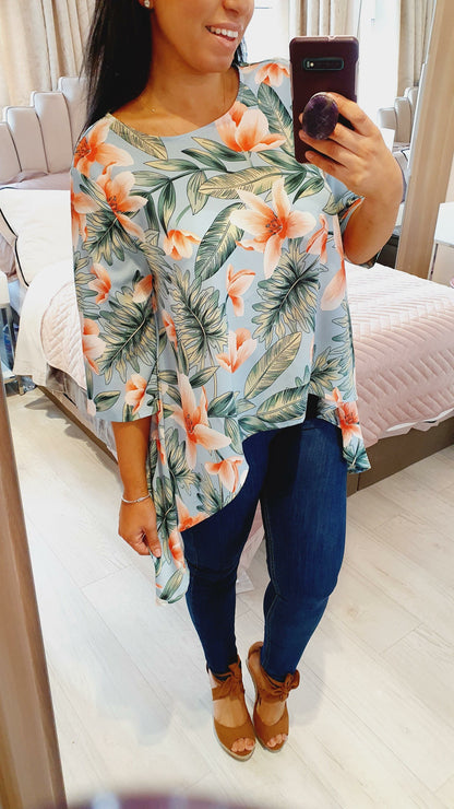 Loretina Floral Dipped Hem Floaty Blouse
