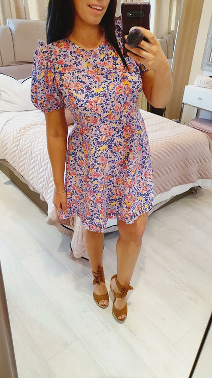 Zionna Lilac Floral Print Ruffle Hem Detailed Mini Dress