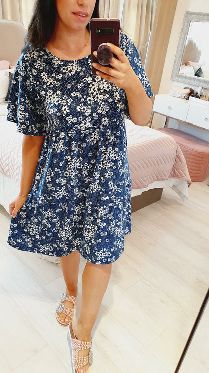 Easton Floral Navy Double Layer Smock Dress