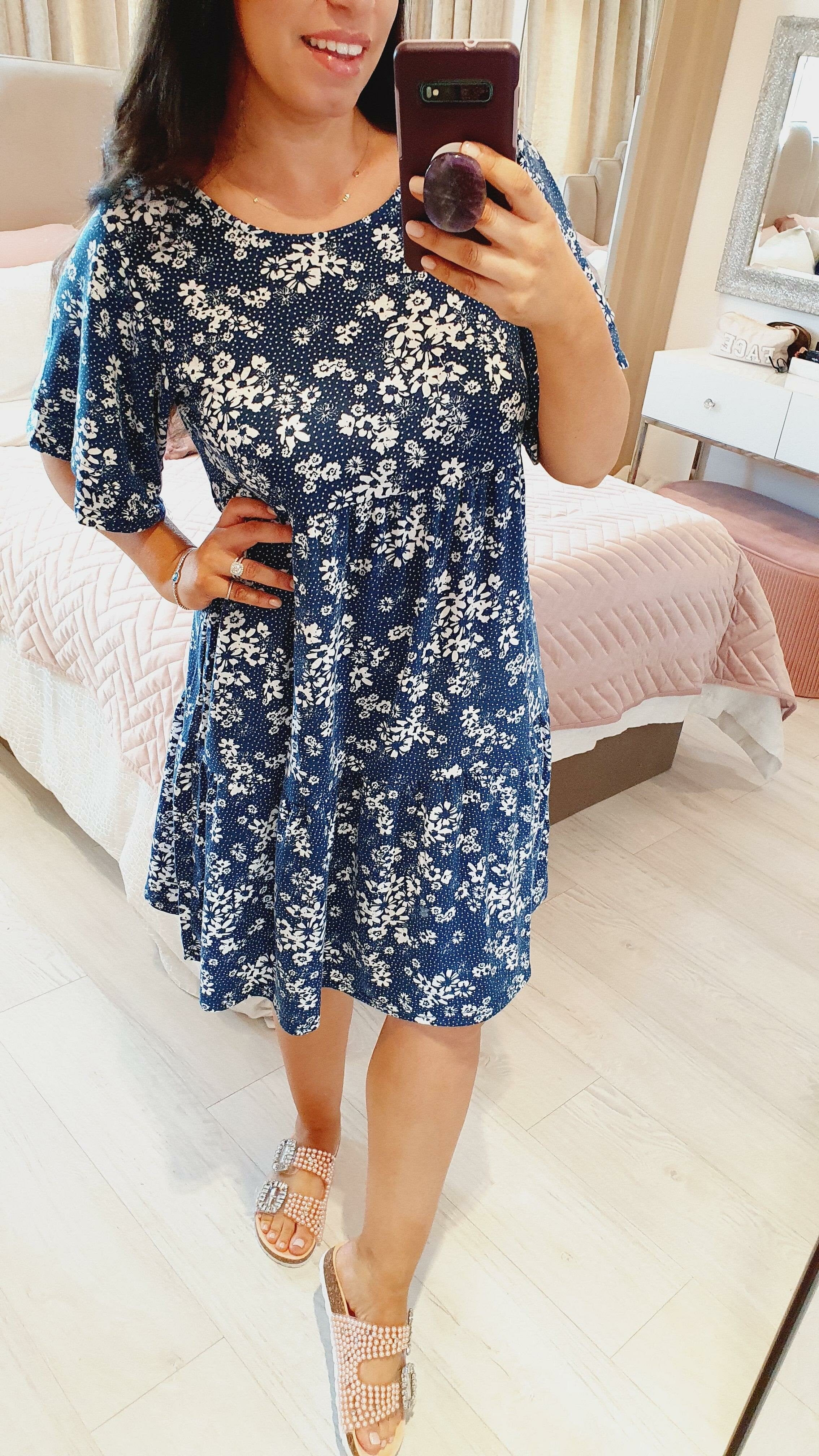 Easton Floral Navy Double Layer Smock Dress