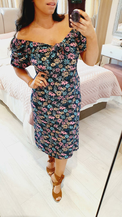 Briggs Floral Bow Tie Puff Sleeve Swing Dress
