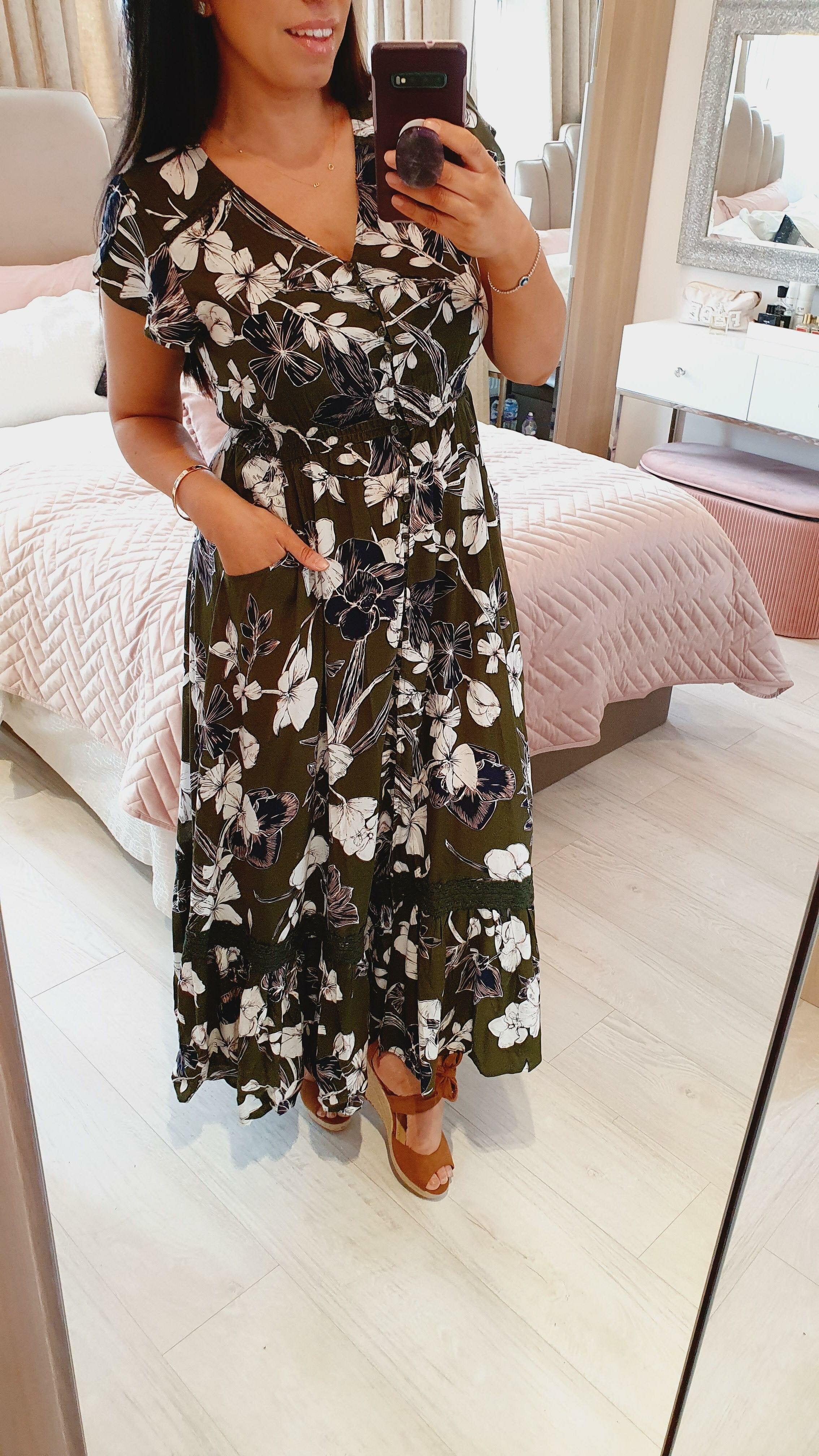 Milan Khaki Floral Crochet Detailed Smock Maxi Dress