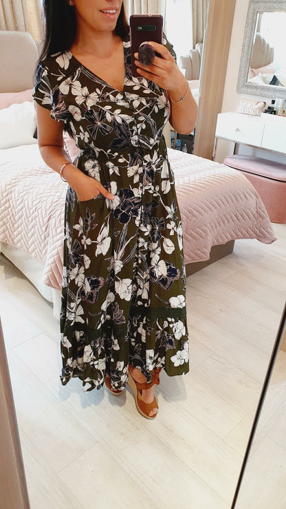 Milan Khaki Floral Crochet Detailed Smock Maxi Dress