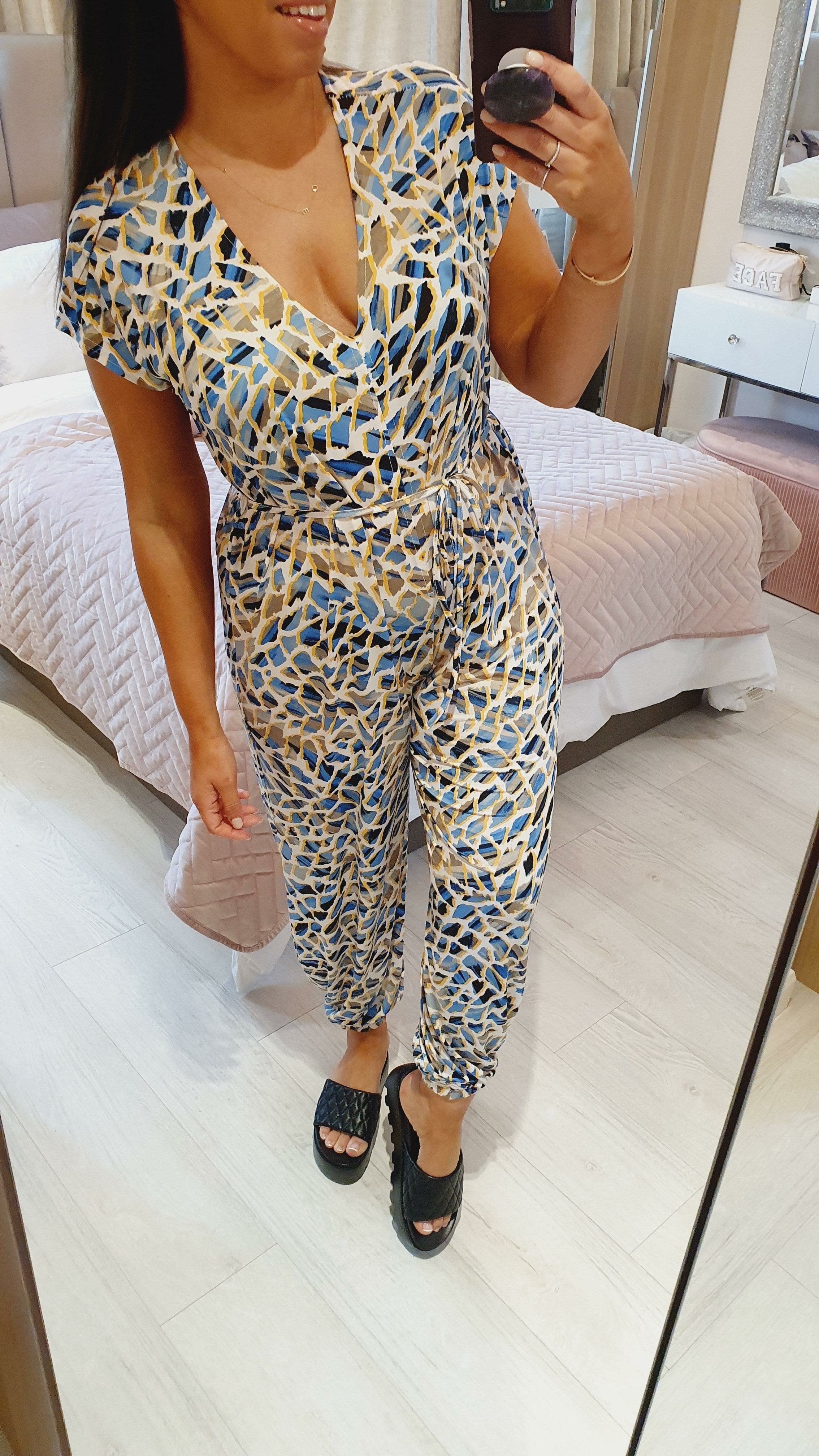 Costello Giraffe Print Slinky Tie Waist Jumpsuit