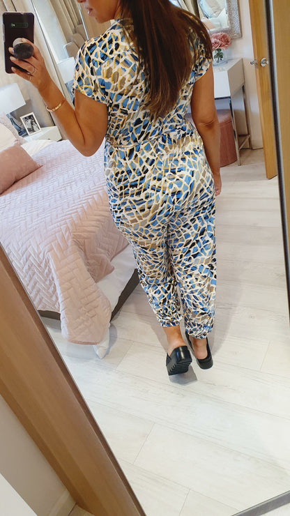Costello Giraffe Print Slinky Tie Waist Jumpsuit